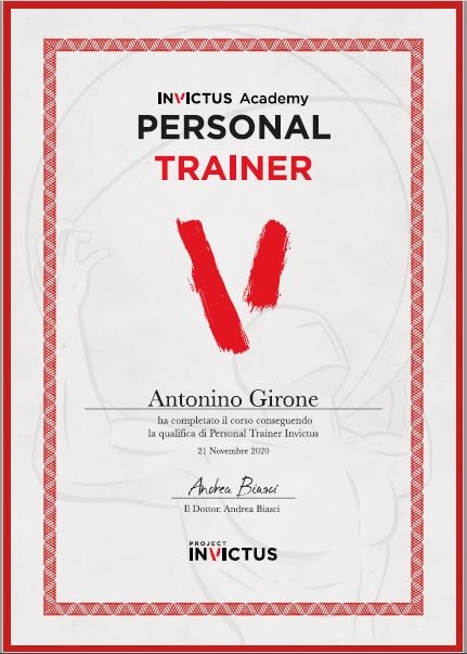 Attestato Personal Trainer del Dott. Antonino Girone Nutrizionista a Messina esperto in Ricomposizione corporea